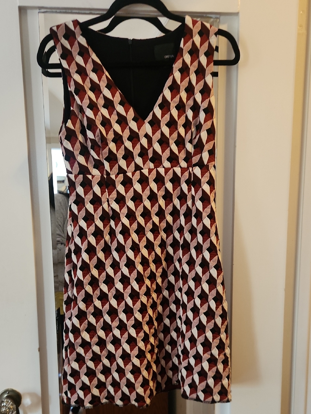 Greylin Geometric Sleeveless V-Neck Dress in Burgundy, Cream and Black